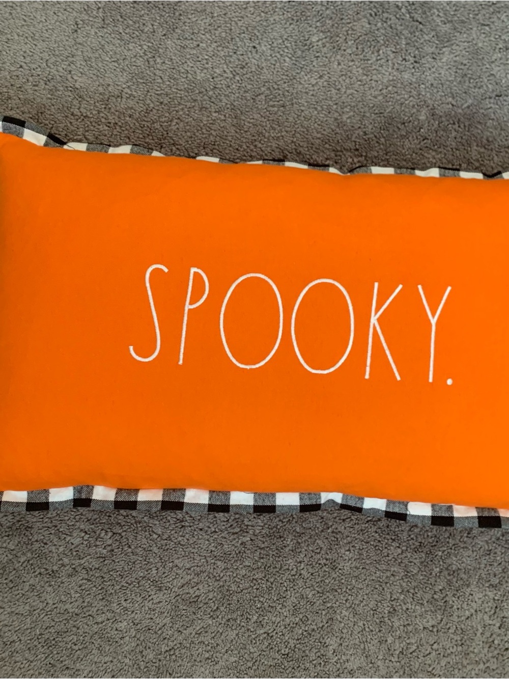 Rae Dunn Orange 'SPOOKY.' Pillow with Black & White Check Trim